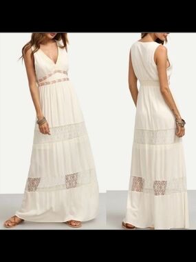 Flying Tomato Cream Boho Maxi Dress Lace Sleeveless V Neck